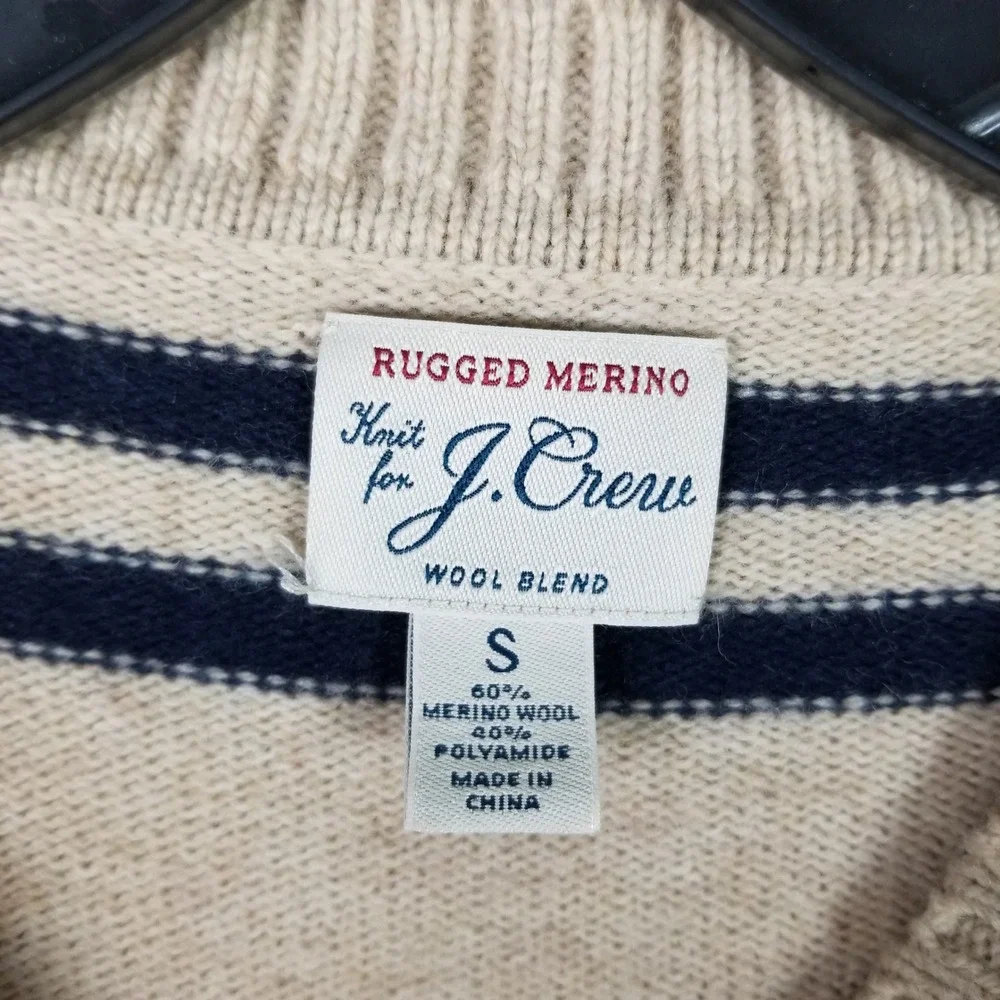 J. Crew Rugged Merino Sweater Mens Small Beige Striped Wool Blend Pullover